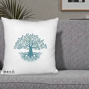 Perna Decorativa Copacul Vietii Teal cu Radacini, 40x40 cm, Alb Pufos, Husa Detasabila, Perna Inclusa, BEKZ®