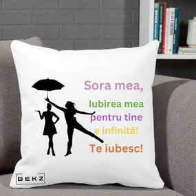 Cadou pentru Sora - Perna Personalizata Sora Mea Te Iubesc Siluete Colorate Umbrela, 40x40 cm, Alba Mata, Husa Detasabila, Perna Inclusa, BEKZ®
