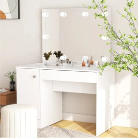 331546 vidaXL Masă de machiaj cu lumini LED, alb, 110x55x145 cm, MDF