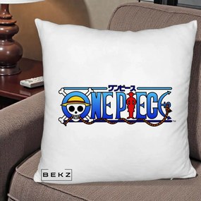 Perna Personalizata One Piece Clasic Albastru, 40x40 cm, Alb Pufos, Husa Detasabila, Perna Inclusa, BEKZ®