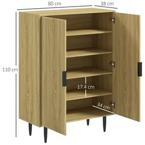 HOMCOM Dulap de Depozitare pentru Pantofi, Dulap pentru  Intrare pe 5 Niveluri cu Rafturi Reglabile și Picioare Metalice, 80x38x110 cm, Stejar