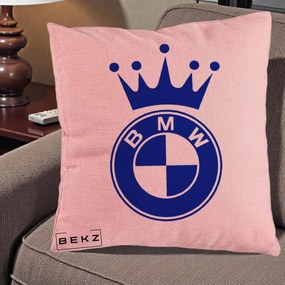 Perna Personalizata cu emblema BMW si Coroana, 40x40 cm, Roz, Husa Detasabila, Perna Inclusa, BEKZ®