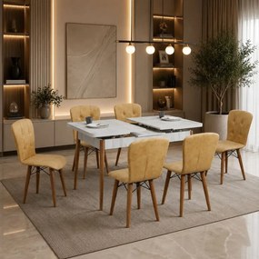 Set masa extensibila cu 6 scaune tapitate Homs cristal alb-mustar 170 x 80 cm