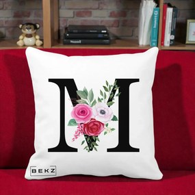 Cadou Personalizat - Perna Personalizata Monograma Florala Litera M cu Trandafiri si Anemona, 40x40 cm, Alba Mata, Husa Detasabila, Perna Inclusa, BEKZ®