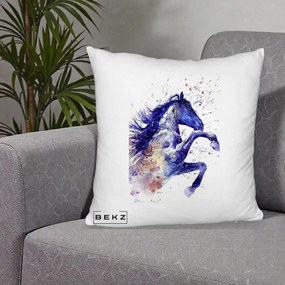 Perna Decorativa Cal Albastru Acuarela, 40x40 cm, Alb Pufos, Husa Detasabila, Perna Inclusa, BEKZ®