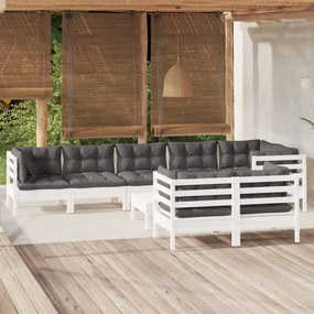 3096509 vidaXL Set mobilier grădină cu perne, 9 piese, alb, lemn masiv pin