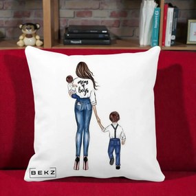 Cadou pentru Mama - Perna Personalizata Mom of Boys Mama cu Baietii, 40x40 cm, Alba Mata, Husa Detasabila, Perna Inclusa, BEKZ®