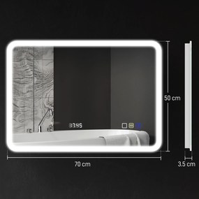 HOMCOM Oglindă de Baie cu Leduri 70x50 cm cu Bluetooth 3 Culori de Lumină Ceas Digital Funcție Anticeață Funcție de Memorie | Aosom Romania