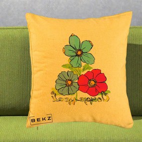 Perna Decorativa Trei Flori Grafice Pop Art, 40x40 cm, Galben, Husa Detasabila, Perna Inclusa, BEKZ®