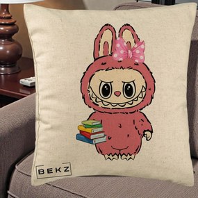 Perna Personalizata Labubu Roz cu Funda si Carti, 40x40 cm, Bej, Husa Detasabila, Perna Inclusa, BEKZ®