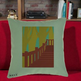 Perna Decorativa Scari Toamna Peisaj Grafic, 40x40 cm, Verde, Husa Detasabila, Perna Inclusa, BEKZ®