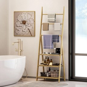 HOMCOM Raft Baie Pliabil pentru Prosoape cu 3 Rafturi și 3 Bare, 53,5x30x153 cm, Lemn Natural | Aosom Romania