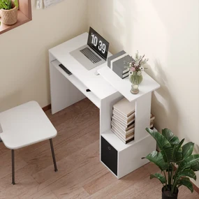 HOMCOM Birou modern pentru PC, birou pentru computer cu raft pentru tastatura, raft si spatiu de depozitare din material, 100x40x86.6cm, alb si negru