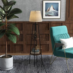 Lampa de Podea cu Rafturi, Inalta cu Abajur din Material Textil (Becul nu este Inclus), Nuc Maro si Maro Deschis, Φ42x166cm HOMCOM | Aosom RO