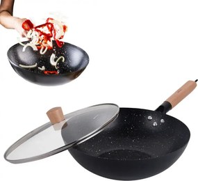 Kinghoff KH 1984 wok, 30 cm, Capac din sticlă cu gaură pentru abur, Finisaj marmură, Inducție, Negru
