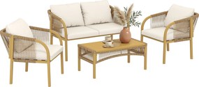 Outsunny Set mobilier de grădină exterior 4 piese cu canapea 2 fotolii masă perne, oțel rășină împletită, 120x72x73cm, Kaki | Aosom Romania