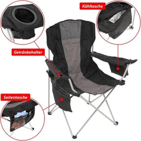 Scaun de camping pliabil XL cu geantă frigorifică, negru/gri