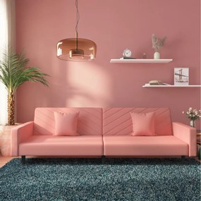 Canapea extensibila cu 2 locuri, 2 perne, roz, catifea