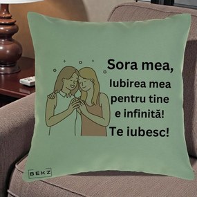 Cadou pentru Sora - Perna Personalizata Sora Mea Te Iubesc Imbratisare cu Sclipiri, 40x40 cm, Verde, Husa Detasabila, Perna Inclusa, BEKZ®