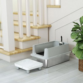 PawHut Tavă XL pentru litieră din oțel inoxidabil, Pereți laterali înalți, Pedală și covoraș filtrant, Lopată, 60,2x40,2x29,6cm, Gri | Aosom Romania