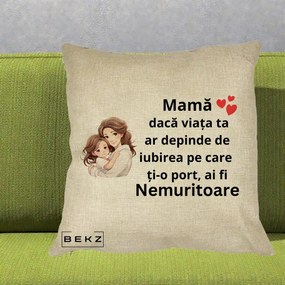 Cadou pentru Mama - Perna Personalizata Mama Nemuritoare cu Balon Inima, 40x40 cm, Crem, Husa Detasabila, Perna Inclusa, BEKZ®
