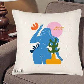 Perna Decorativa Femeie Albastra Cactus, 40x40 cm, Crem Reliefat, Husa Detasabila, Perna Inclusa, BEKZ®