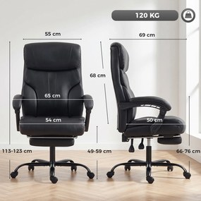 HOMCOM Scaun de birou ergonomic rotativ, rabatabil 165°, din piele ecologică PU, cu suport pentru picioare și înălțime reglabilă, negru | Aosom Romania