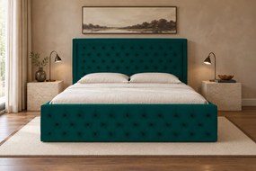 Pat tapițat Chesterfield din catifea Ophelia Deluxe 200×200 cm, verde, cu ladă de depozitare