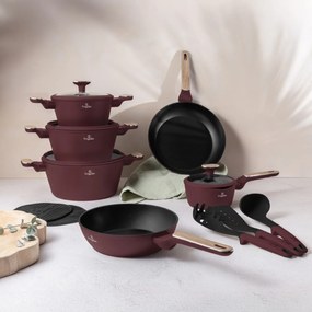 Set oale si tigai 15 piese Leonardo Nordic Berlinger Haus BH 8306, antiaderente, manere cu insertie lemn, visiniu mat