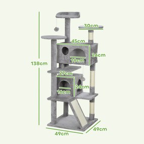 PawHut Arbore pentru pisici înălțime 138 cm, turn de joc pentru pisici cu zgârietoare, platforme, 2 cotețe, 49 x 49 x 138 cm gri deschis | Aosom Romania