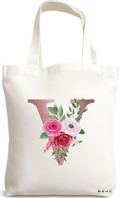 Sacosa de Panza pentru Cumparaturi, Geanta Tote, Cu litera V Rose Gold si Trandafiri, 38x34.5 cm, Alba, BEKZ®