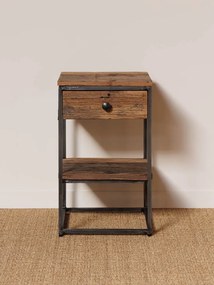 Noptieră rustică din lemn reciclat, natur, cu sertar și raft pe cadru din metal, 57 x 35 x 35 cm, „Galion”