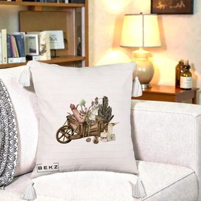 Perna Decorativa Roaba Rustica de Craciun, 40x40 cm, Bej cu Franjuri, Husa Detasabila, Perna Inclusa, BEKZ®