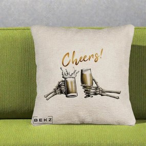 Perna Decorativa Halloween Cheers Schelete cu Bere, 40x40 cm, Bej Canapea, Husa Detasabila, Perna Inclusa, BEKZ®