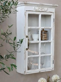 Dulap de perete shabby chic, alb antichizat, cu 2 polițe și ușă din sticlă