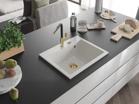 Mexen Oscar chiuvetă de granit cu 1 compartiment 580 x 490 mm, albă, sifon auriu - 6519581000-20-G
