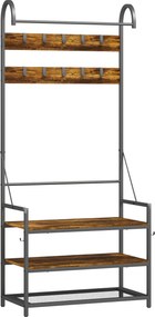 HOMCOM Suport de Haine de Intrare cu Bară, 10 Cârlige Mobile, Bancă și Raft pentru Încălțăminte, Mobilier în Pal și Metal, Design Industrial, 80x40x182 cm, Maro și Negru | Aosom Romania