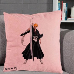 Perna Personalizata Bleach Ichigo Kurosaki Zangetsu, 40x40 cm, Roz, Husa Detasabila, Perna Inclusa, BEKZ®
