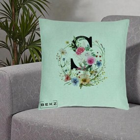 Cadou Personalizat - Perna Personalizata Monogram Litera S cu Flori Acuarela, 40x40 cm, Verde Menta, Husa Detasabila, Perna Inclusa, BEKZ®