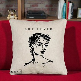 Perna Decorativa Art Lover Portret Grafic, 40x40 cm, Bej Canapea, Husa Detasabila, Perna Inclusa, BEKZ®