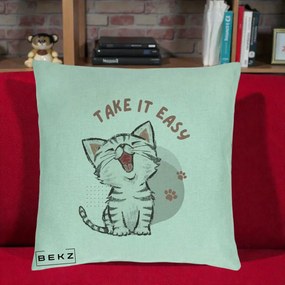 Perna Personalizata Take It Easy Cat, 40x40 cm, Verde Menta, Husa Detasabila, Perna Inclusa, BEKZ®