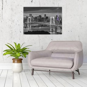 Tablou pe sticlă - Orașul mare cu turnul mov (70x50 cm)