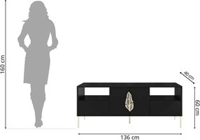 Comodă TV lemn masiv Merlin Personalizabilă Accesorii placate cu Aur, 136 × 40 × 60 cm - Alb