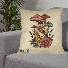 Perna Decorativa Ciuperci si Broaste Boho, 40x40 cm, Crem, Husa Detasabila, Perna Inclusa, BEKZ®