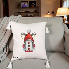Perna Decorativa Pitic Gnom Craciun cu Coarne de Ren, 40x40 cm, Bej cu Franjuri, Husa Detasabila, Perna Inclusa, BEKZ®