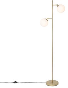 Lampa de podea Art Deco aurie cu sticlă opalescentă cu 2 lumini - Pallon