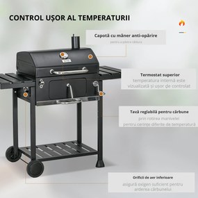 Outsunny Grătar cu Tavă de Cărbune Reglabilă, Grilaj de Grătar din Oțel Galvanizat cu Rafturi de Depozitare, 120x64x114 cm, Negru | Aosom Romania