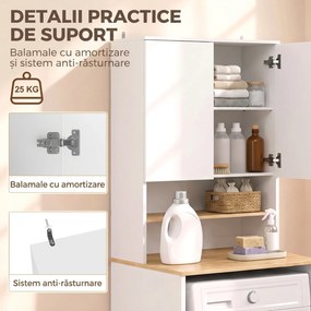 HOMCOM Dulap deasupra Mașinii de Spălat, 2 Uși Soft-Close, Raft Reglabil, 2 Rafturi Deschise, 68x59.8x188.6 cm, Alb și Stejar | Aosom Romania