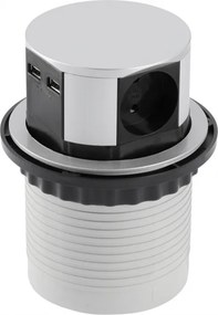 Priză încorporabilă în blat Comfort GTV, 3 prize Schuko, 2 x USB A, aluminiu, D:100 mm Aluminiu/ plastic, Aluminiu, D:100 mm