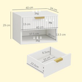 HOMCOM Set de 2 Noptiere Suspendate cu Panouri Canelate, Sertar și Raft, 40x34x29 cm, Alb | Aosom Romania